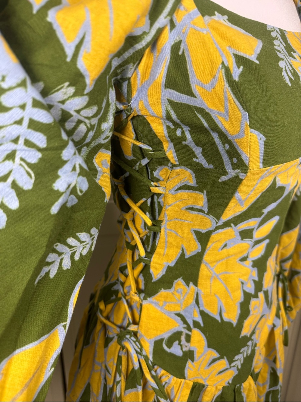 Farm Rio NWT Green Tropical Linen Blend Lace-Up Mini Dress Size S - Picture 10 of 13